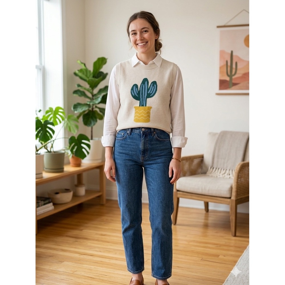 Jade by Jane Cactus Graphic Knit Sweater Vest Beige Oatmeal Crew Neck S Medium‎